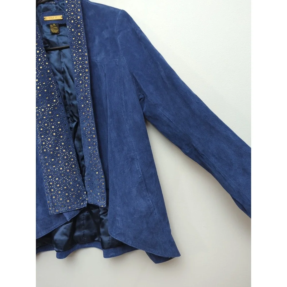 L1 IMAN Genuine Soft Leather Suede Women's Sz M Blue w/Gold Eyelet Collar Jacket